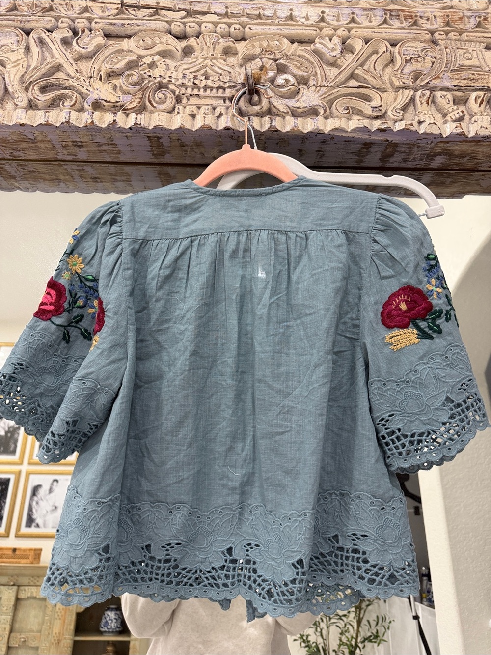 Embroidered Blue Cotton Open-Front Blouse with Floral Motifs - Picture 7 of 9